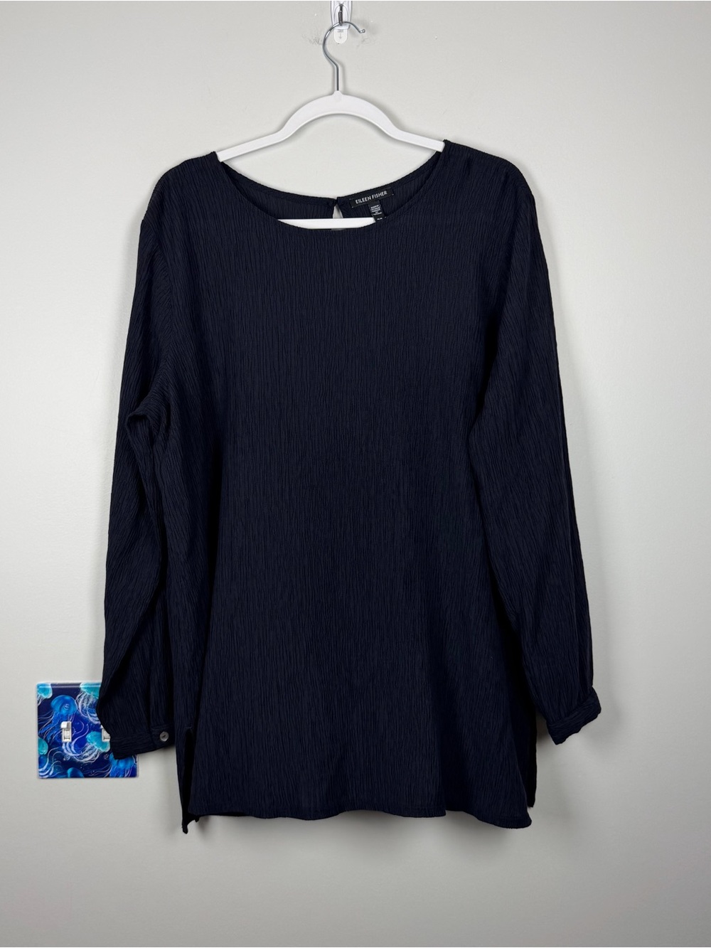 Eileen Fisher Navy Blue Textured Stretch Lagenlook Round Neck Top Blouse Medium